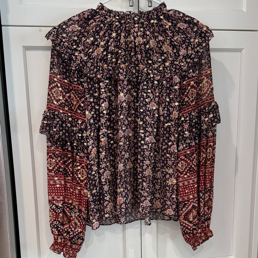 Ulla Johnson Black and Pink Floral Smocked Ruffle-Neck Blouse